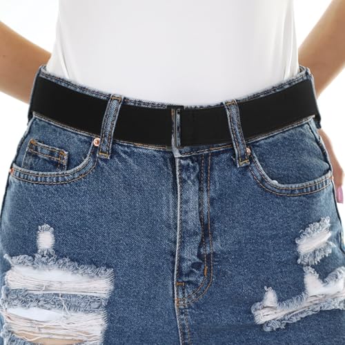 Invisible Stretch Belt, No Show Elastic Belt Adjustable Waist Web Strap Black Waist Belt with Flat Buckle for Women Jeans Pants Dresses