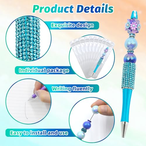 Image of 150 Pcs DIY Diamond Beadable Pen Kit - 50 Plastic Rhinestone Beaded Pens Bulk with Refills & Bags - Fancy Cute Glitter Pens for Crafting, Students & Teachers - School Supplies (Blue)