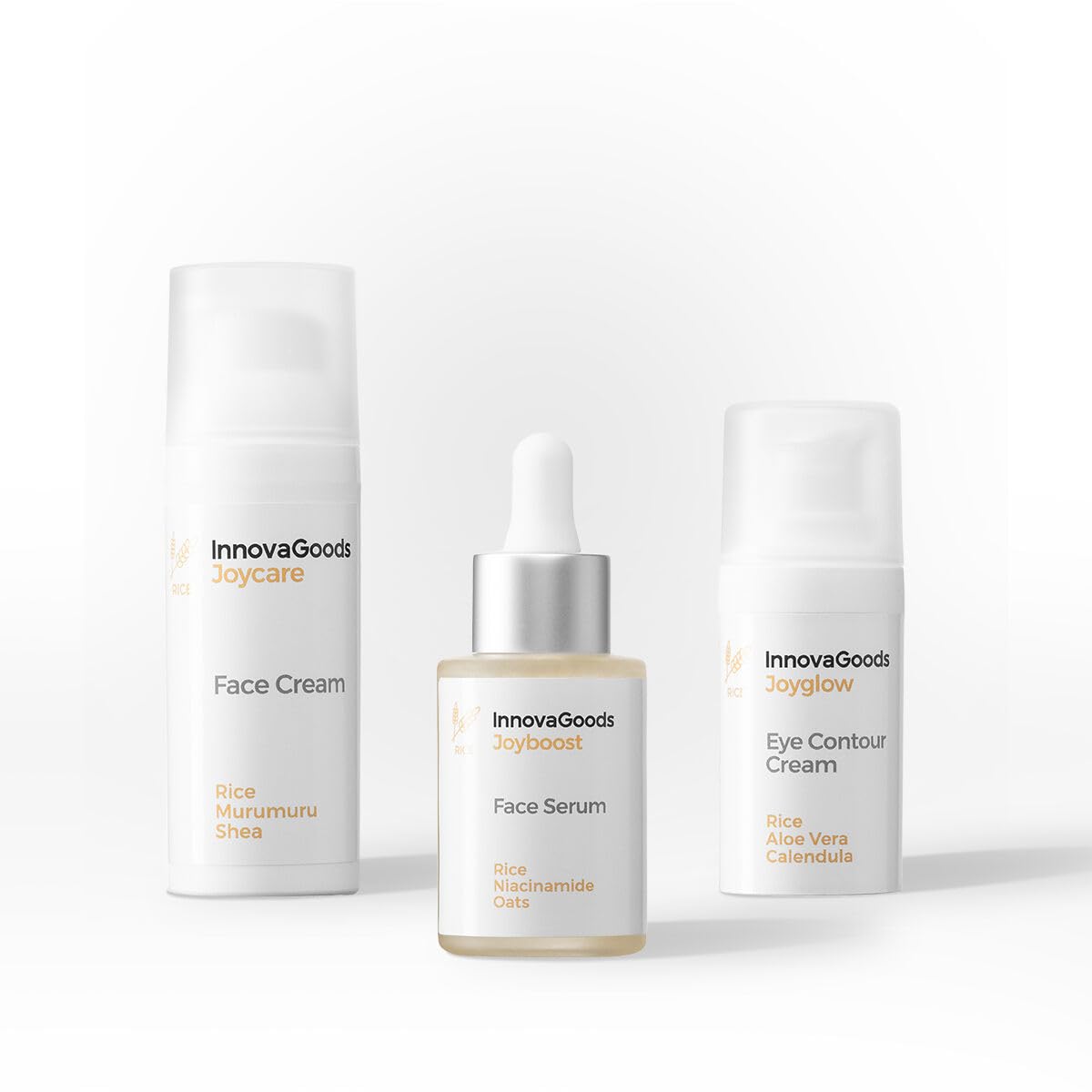 InnovaGoods® Gesichtspflegeset mit Reis, 1 x Gesichtsserum, 1 x Augencreme, 1 x feuchtigkeitsspendende Gesichtscreme verbessert die Elastizität der Haut. Erhellt, nährt und verjüngt alle Hauttypen