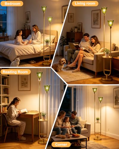 Image of Lightdot 2-Lights Modern Glass Floor Lamp with Shelf Gold Standing Tall Lamps with Green Shell Glass Shade,LED Floor Lamp with Foot Switch for Living Room Bedroom Home Decor (3000K Bulbs Included)