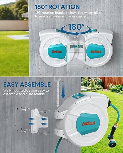Image of ENEACRO Retractable Garden Hose Reel with Wall Mount 1 /2 inchx100ft with 10 Pattern Hose Nozzle, Brass Connector, Auto Rewind /Any Length Lock / 180 Swivel Bracket, Ideal for Garden Watering