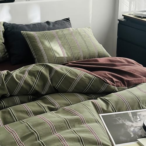Image of mixinni Vintage Striped Duvet Cover Set Queen - 100% Cotton Reversible Jacquard Bedding Set, Retro Olive Green & Terracotta Comforter Cover, Soft Breathable 3-Piece(1 Duvet Cover+2 Pillowcases)