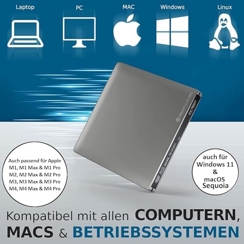techPulse120 Externes USB 3.1 USB-C UHD 4k 3D M-DISC Blu-ray DVD CD BDXL HDR10 128GB Laufwerk Brenner Burner Superdrive BD Imperator Paket Tasche 90cm Anschlusskabel Aluminium Silber