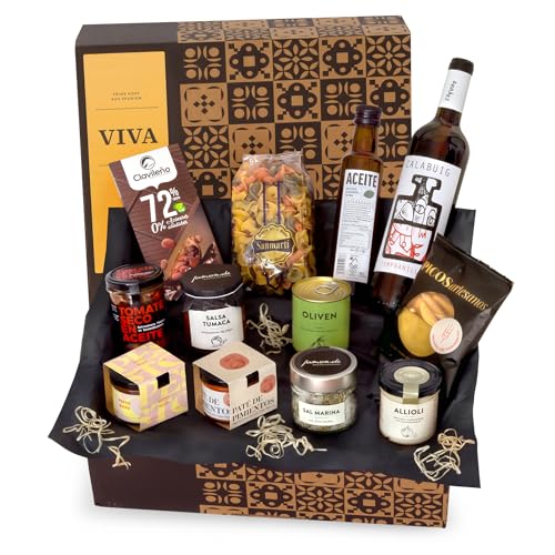 Geschenkkorb VIVA mit spanischen Delikatessen und Rotwein | Feinkost Präsentbox mit erlesenen spanischen Spezialitäten | Liebevoll als Geschenk verpackt von jamon.de