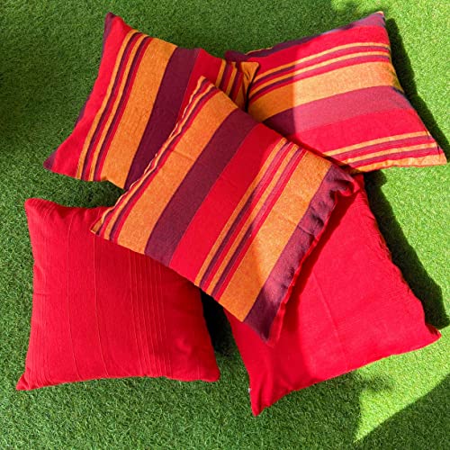Image of RANGBHAR Handloom Cotton Cushion Covers With Concealed Top Zip, Striped /Solid Cushion Covers For Living Room, 16 X 16 Inch, Red, Pack Of 5, 220 TC