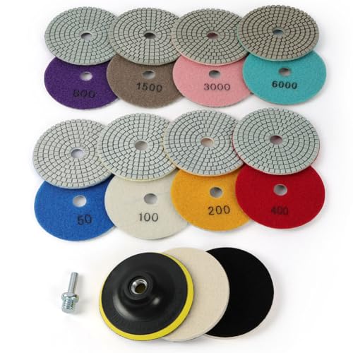 URAQT Disque de Polissage Diamant, 11pcs Disque de Tampons de Polissage Humides et Secs Diamant, 4 pouces 50 à 6000# kit de Polissage Humide du Marbre, Kit Polissage...