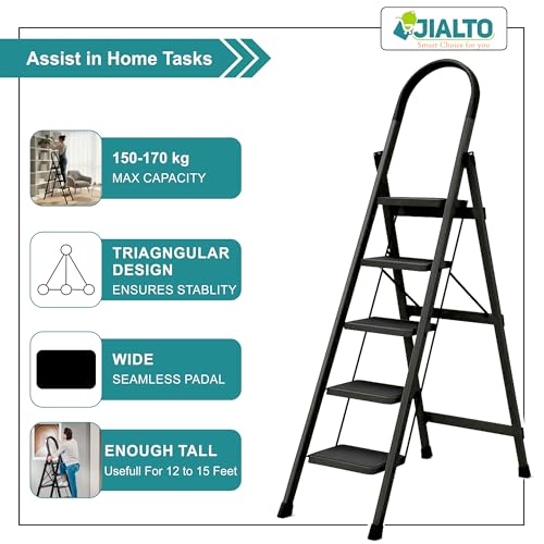 Image of Jialto Premium Matte Black 5 Step Ladder | Foldable Ladder for Home with Built-in Tool Tray | Secure Lock & Wide Rubber Feet | Heavy Duty Home Step Ladder (150kg Capacity)