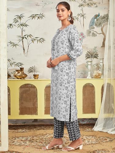 Sanisa Women's Rayon Blend Printed Straight Kurta With Pant And Dupatta Set (210Kbd2223N-M_White & Black & Grey)