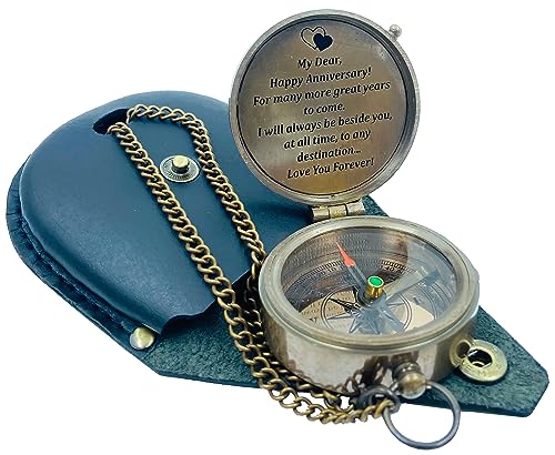 Brújula náutica de latón grabada con estuche de cuero miniatura 3