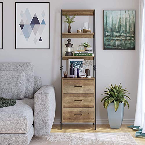 HOMECHO Storage Cabinet, Ladder Shelf with Fabric Drawers, 3 Tier Open Shelves, Accent Ladder Bookcase Bookshelf with Storage Chest, Tall Nightstand Organizer Unit for Home Office, Rustic Brown