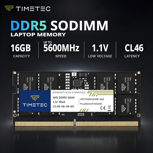 Image of Timetec 16GB DDR5 5600MHz PC5-44800 Unbuffered Non-ECC 1.1V CL46 1Rx8 Single Rank 262Pin SODIMM Laptop Memory RAM Module Upgrade
