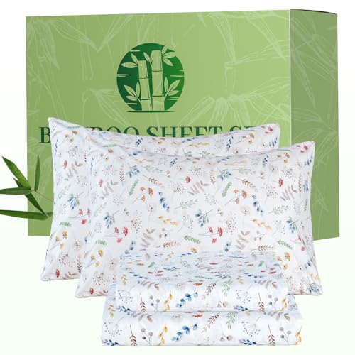 Image of Bedlifes Extra Deep Pocket 18-24 inch Queen 4-Piece Sheet Set - Cooling Sheets Blend Rayon Derived from Bamboo Soft & Breathable Floral Design