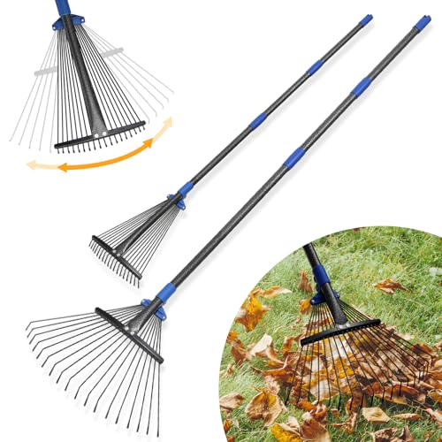 Adjustable Leaf Rake Heavy Duty Metal Rake for Leaves Long Handle 30-60 with Expandable Head 8-17 Collapsible Small Rakes for Lawns Gardening Yard Camping Shrub Grass Bush Weed Debris