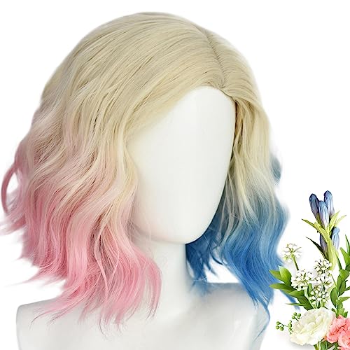 Sharplace Pink Blue Ombre, Costume, Blonde White, Women Short Wavy, Heat Resistant Synthetic Hair - Image 4