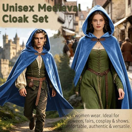 Image of Renaissance Hooded Cloak Set for Men Women Medieval Costume for Halloween
