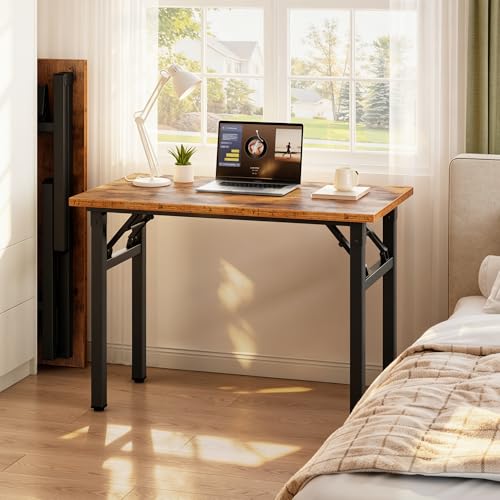 Image of Need 35.8 Inch Folding Desk for Small Spaces, Home Office Computer Desk with Wood Top & Black Frame, Foldable Writing Table for Study, Bedroom, Dorm Room & Student, Rustic Brown