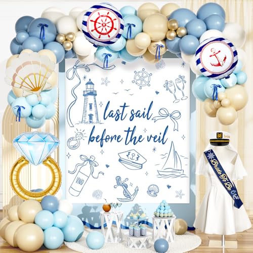 Last Sail Before The Veil Bachelorette Decorations Nautical Bachelorette Party Decorations Blue Bridal Shower Balloons Garland Arch and Backdrop Bride To Be Sash Sailor Cap with White Veil