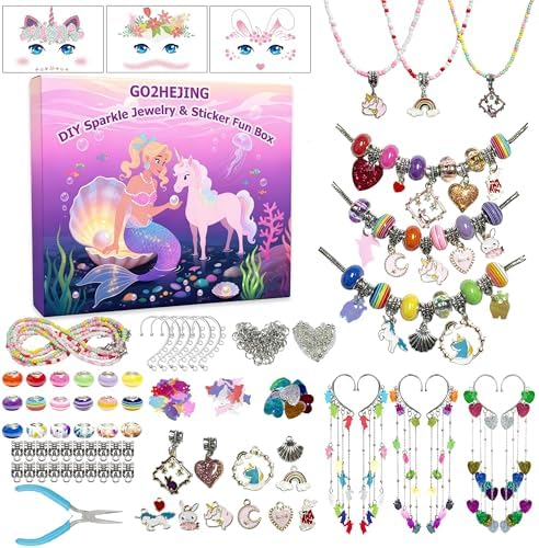 GO2HEJING Charm Bracelet Making Kit for Girls, Jewelry Making Kit for Girls 8-12, Ear Cuff/Necklace Craft Kit, Cute Face Temporary Tattoos for Kids, Unicorn Toys for Teenage Birthday Gift (Forest)