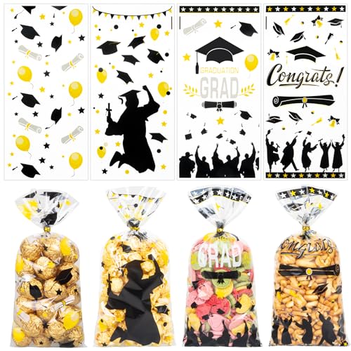 RICEDUO 100 Piece Graduation Cellophane Treat Bags with 100 Gold Twist Ties 4 Styles Clear Candy Cookie Goodie Bags for Graduation Party Favors & Grad Supplies