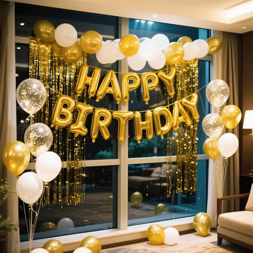 Image of Gold Happy Birthday Balloon Banner Set -16 Inch Foil Letters Balloons, Reusable Birthday Decorations and Party Supplies, Suitable for Men and Women's Birthday Decorations,Party Backdrop