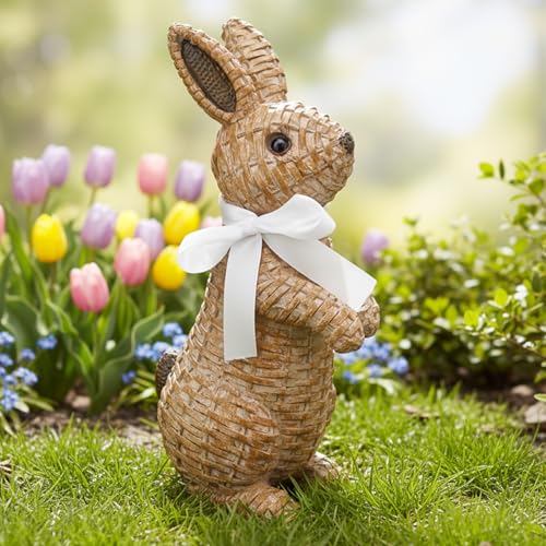 LIDSCURA 7.87in Large Set Rattan Bunny Easter Decor Brown Rabbit Easter Statue Spring Standing Figurine for Home Farmhouse Tabletop Decorations