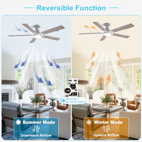 Image of Depuley Modern Ceiling Fan with Light: 52-Inch Nickel Flush Mount Fandelier | Bedroom Indoor Outdoor Use, 5 Reversible Wood Blades, 6 Fan Speeds, Timing Function, Dimmable 3CCT, Remote Control Included