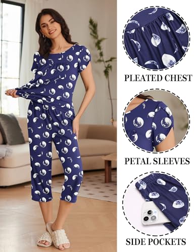 Image of Ekouaer Womens Pajama Set Short Sleeve Sleepwear Pleated Floral Pjs Set Capri Pants Lounge Sets with Pockets S-XXL