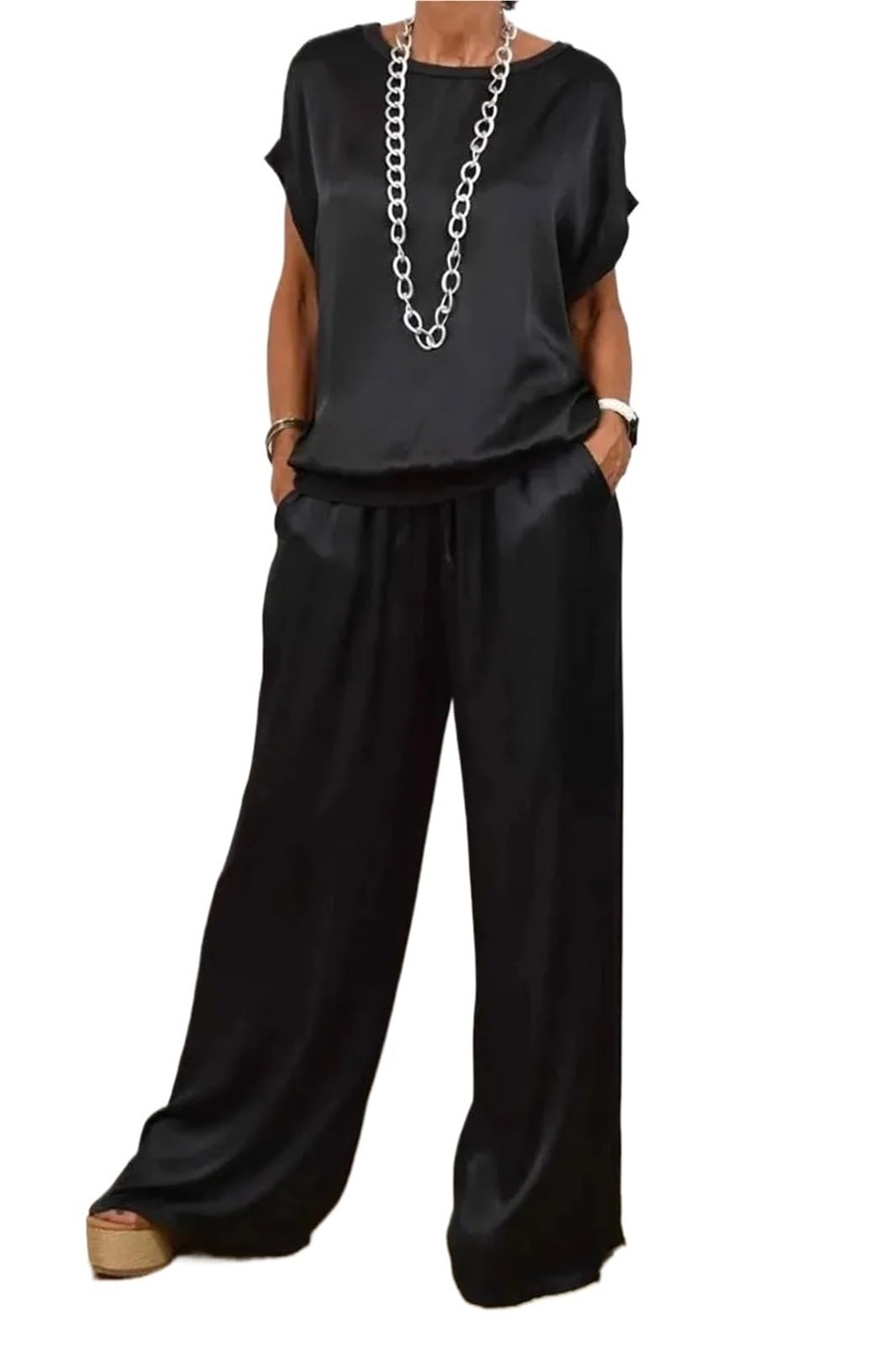 Traje de satén de talla grande for mujer, top negro con cuello en V, pantalones largos, trajes holgados, conjuntos de ropa informal de verano a la moda for mujer Para Playa y Verano(Black,XXL)