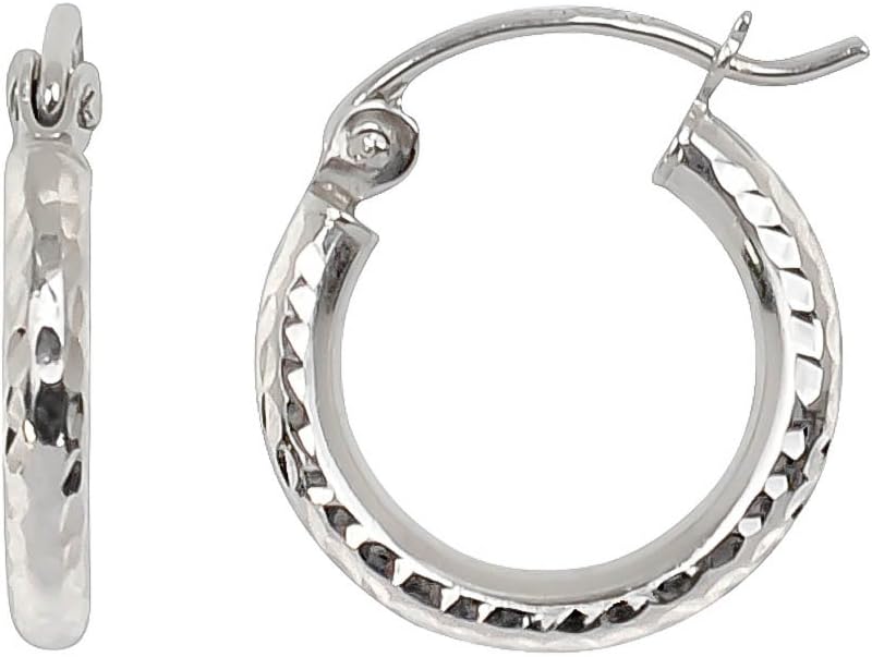 14k White Gold Diamond-Cut Hoop Earrings, (2mm Tube)