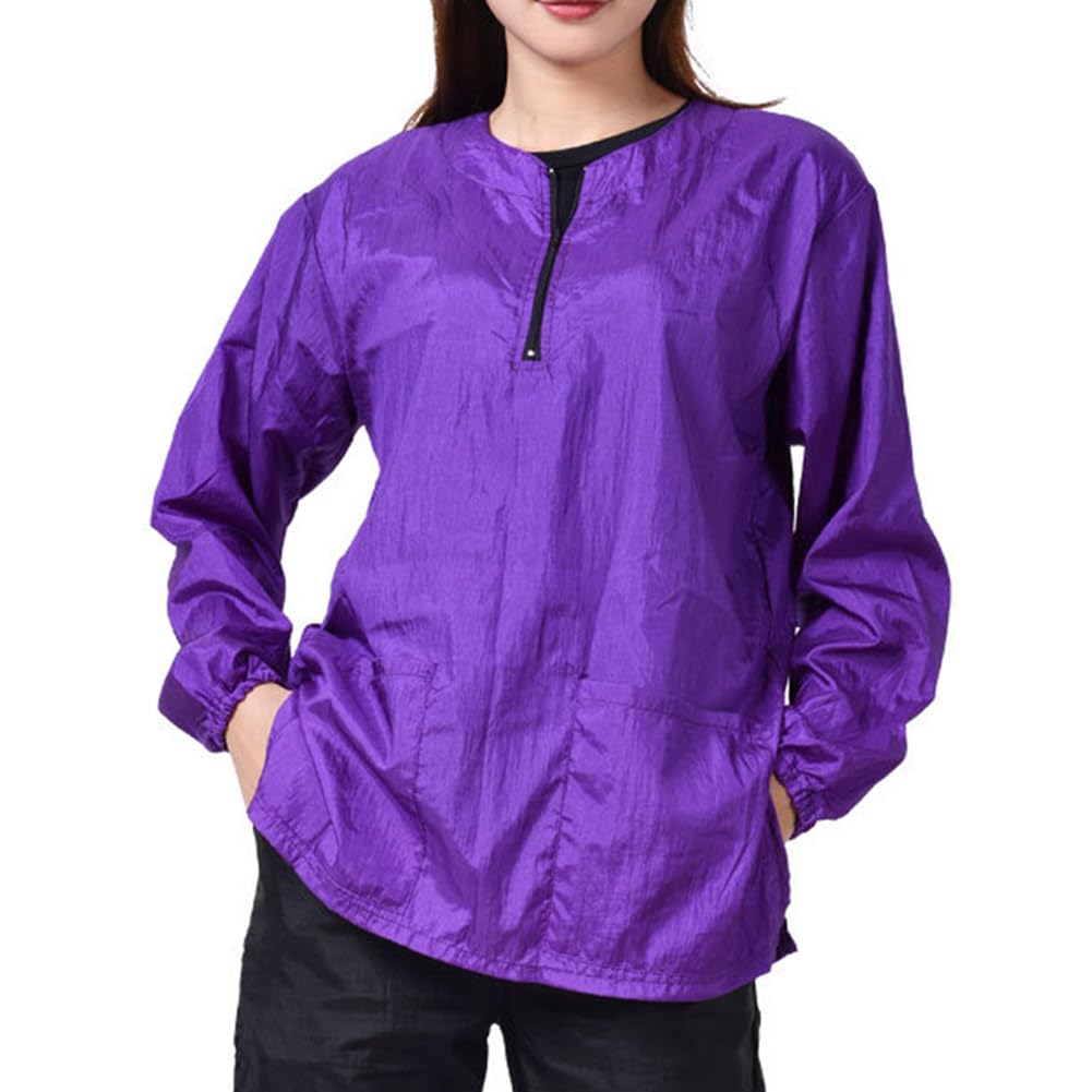 suweisua Dog Grooming Smock for Men Women, Anti-Static Smock for Pet Shop Dog Cat Grooming Bathing, Long Sleeves, Water Resistant and Hair Proof, (Solid Purple XL)
