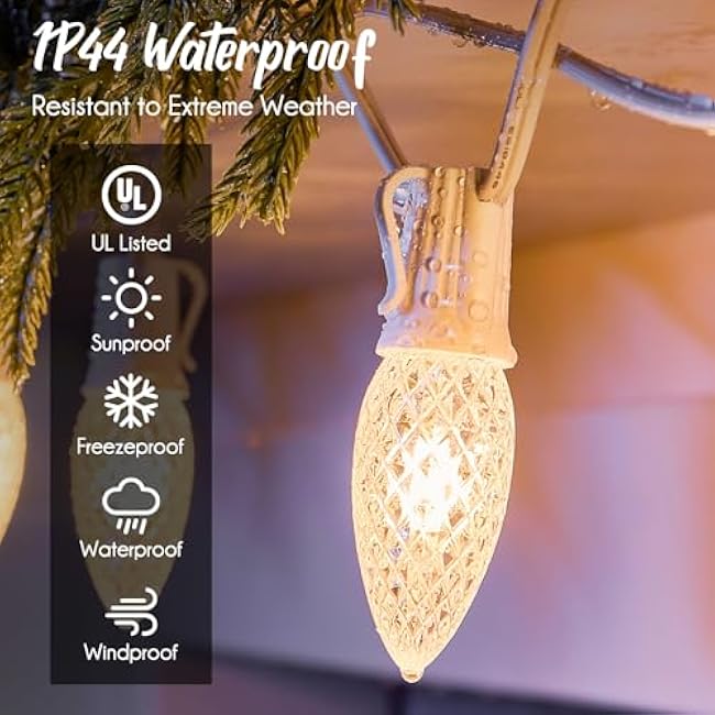 C9 Light Strand, 2 Pack 100 FT Outdoor String Lights Christmas Stringer with 100 Sockets for Christmas Decor Patio, E17 Light Socket, 12 Spacing, White Wire