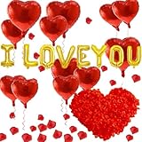 I Love You Balloons and Heart Balloon with 500 Pieces Rose Petals, Foil Mylar Love Balloons for Him/Her Wedding Anniversary Engagement Valentine Day Romantic Decorations Special Night Party Supplies