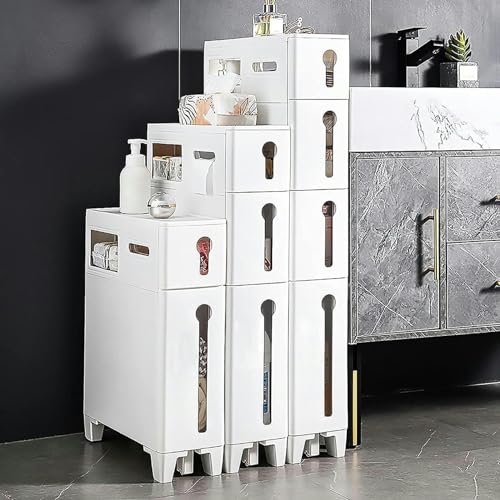 Cassettiera sottile con 4 cassetti e 2 rotelle, armadio da bagno stretto per piccoli spazi