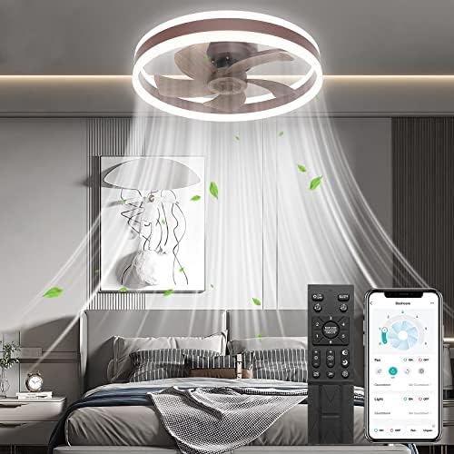 WERBUY 16'' Ceiling Fans with Lights and Remote APP Control, Low Profile Flush Mount Small Ceiling Fan for Bedroom TV Room with 6 Speeds/Quiet Reversible DC Motor/Smart Timing -5 Brown Wood Blades