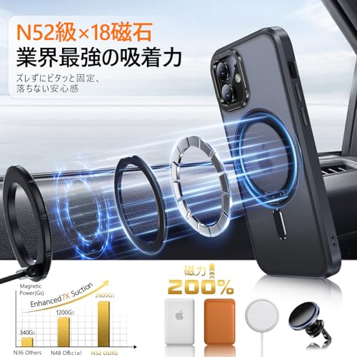 iPhone 12 / 12 Pro 用 ケース Magsafe対応 360°回転スタンド アイフォン12 / 12プロ 携帯ケース リング マグネット ワイヤレス充電 縦横多角度 対応 カバー Uovon アイホン12 / 12プロ スマホケース 車載ホルダー ストラップ穴付き マット 半透明 指紋防止 黄变防止 金属ボタン 米軍MIL規格 ・ ブラック