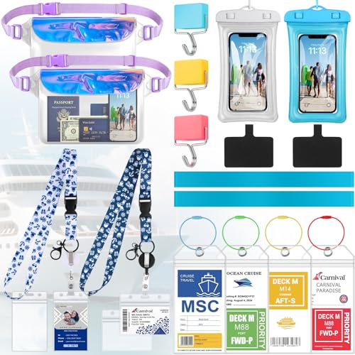 Cruise Ship Essentials 2026 - Complete Cruise Must-Haves Kit with Waterproof Fanny Packs(Iridescent Lilac), Adjustable Lanyards, Magnetic Hooks, Luggage Tags, Waterproof Phone Cases & Towel Bands