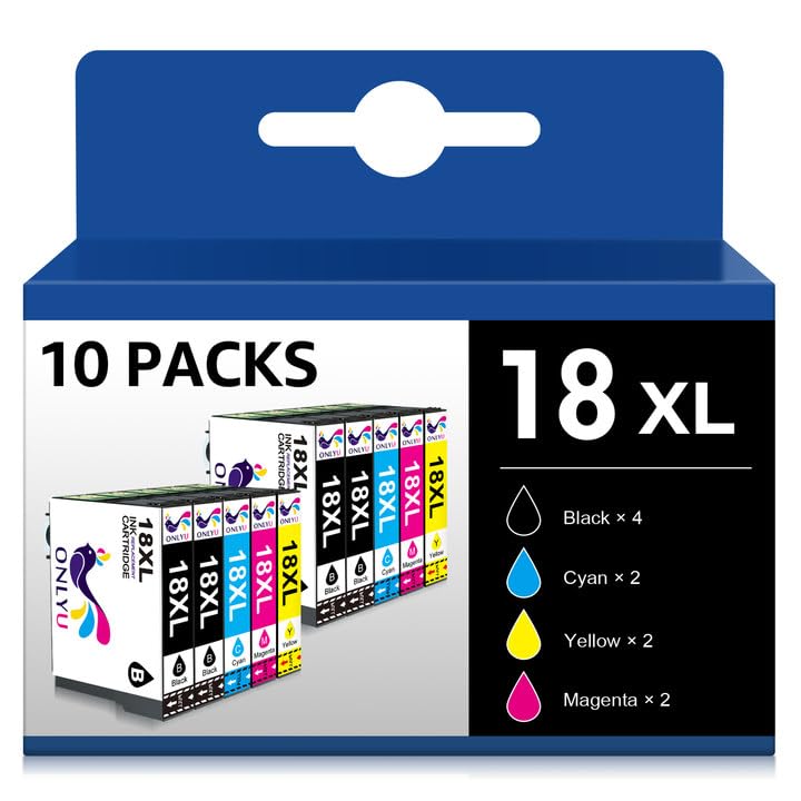 ONLYU 18XL Pack de 10 Cartuchos de Tinta, para Epson 18XL para Epson Expression Home XP-322 XP-215...