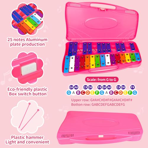 EliLunar Glockenspiel Xylophone - 25 Notes Colorful Metal Keys with Mallets, Percussion Educational Musical Instrument, Pink - Thumbnail 2