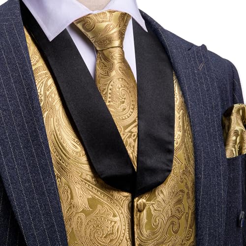 Image of Barry.Wang Mens Silk Lapel /Shawl Collar Vest Tie Sleeve Holder Set Formal /Casual Paisley Vests Wedding Tuxedo Waistcoat
