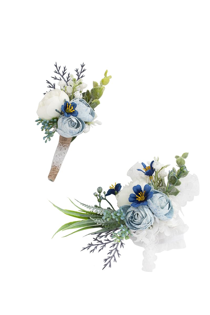 Ansofi Dusty Blue Corsage and Boutonniere Set Artificial Light Blue Rose Flower Wrist Corsage and Boutineers for Groom Groomsmen Bride Bridesmaids Prom Rustic Vintage Wedding Decor