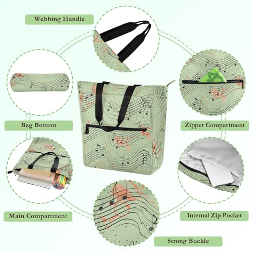 Music Score Note Tote Bag for Book Lovers Reusable Bags with Zipper Pocket for School Work Shopping3