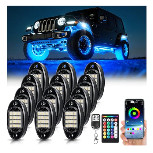12 Pods RGBW LED Rock Lights for Trucks UTV Golf Cart ATV SUV Pickup Offroad RV, Waterproof Multicolor Underglow Kit for Car with APP/RF Remote Control Sync Music Neon Accent Underbody Light 12V