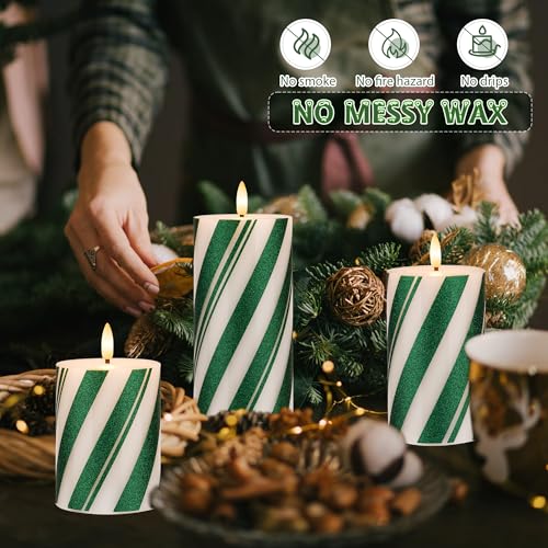 Image of Candy Cane Stripe Flameless Candles with Remote, Green Battery Operated Pillar Candles Real Wax, Flat Top Flickering Christmas LED Candle Decorations for Xmas, Home, Party Decor, Set of 3