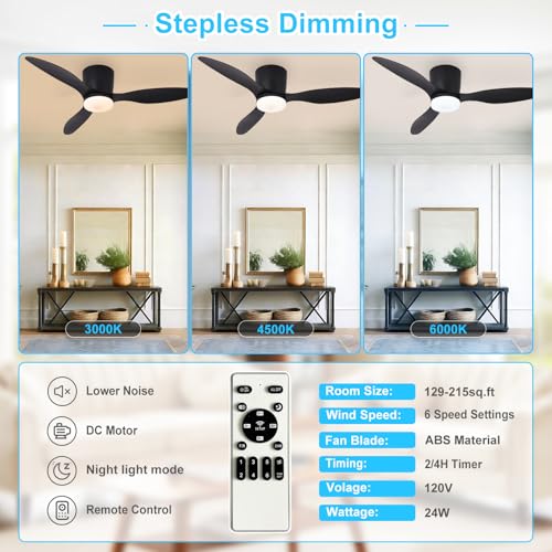 Image of Depuley Flush Mount Ceiling Fan: 42-Inch Black Ceiling Fans with Lights for Bedroom Indoor Outdoor - Low Profile Ceiling Fans with Remote Control 24W 3CCT Dimmable 3 Reversible Black Blades 6 Speeds