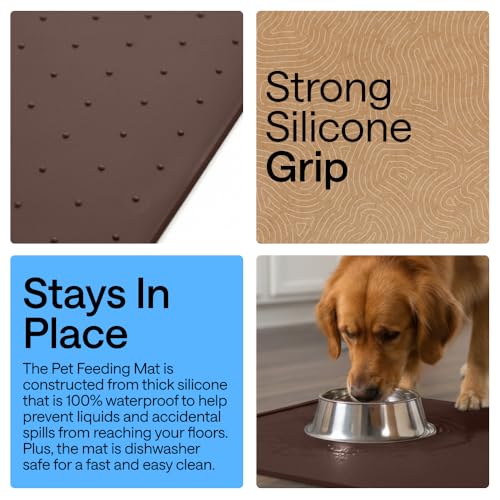 Image of GORILLA GRIP 100% Waterproof Raised Edge BPA Free Silicone Pet Feeding Mat, Dog Cat Food Mats Contain Spills Protects Floors, Placemats for Cats and Dogs Water Bowl, Pets Accessories 16x10, Brown