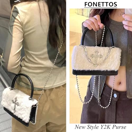 Y2K Gothic Punk Handbag Indie Cross Studded Shoulder bag for Egirl Woman Kawaii Purse Cool Girl Crossbody Fluffy Bag 6