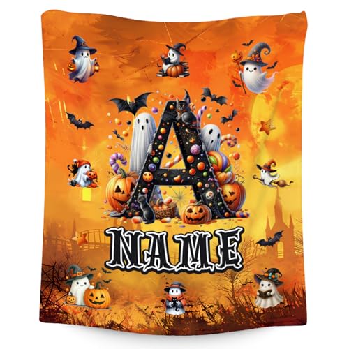 Halloween Blanket - Personalized Pumpkin Blankets Gifts for Kids - Fuzzy Comfy Flannel Initial Throw for Sofa Couch Bed