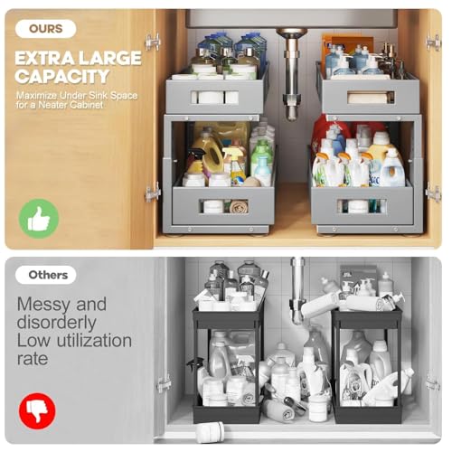 Image of 2 Packs 21IN Depth Under Sink Organizer, 2-Tier Pull Out Cabinet Organizer With Smooth Circular Rail, Large Capacity Metal Mesh Sliding Drawers For Bathroom& Kitchen Storage,Height Adjustable-Gun Gray