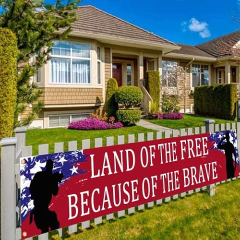 American Flag Patriotic Soldier Free&Brave Banner,Patriotic Theme Veterans Day 4th of July Memorial Day Deployment Returning Back Military Army Homecoming Party Decoration (Free&Brave) Cover