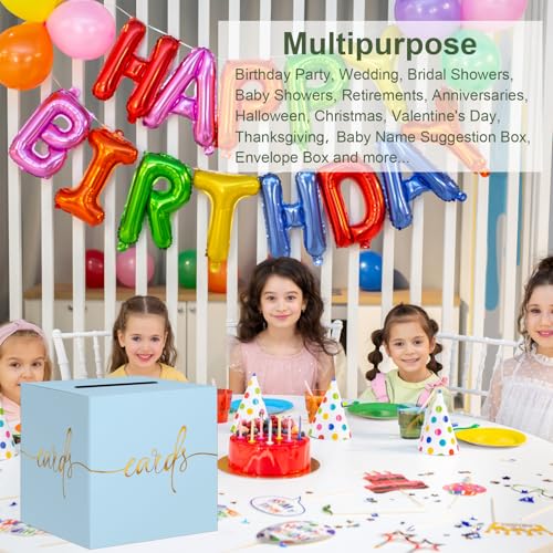 Image of 2 Pack Light Blue Card Box with Gold Foil Design, Paperboard 8.7 inch Card Box for Birthday Wedding Party Graduation Retirement Anniversary Valentine's Day & Baby Showers, Raffle or Money Box